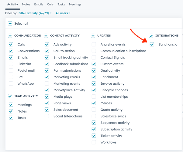 Sanctions App Events - make them visible in activity timeline filters on Contacts and Companies