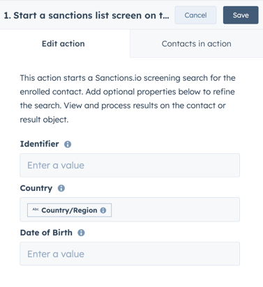 Sanctions Workflow - choose properties to include in screening searches